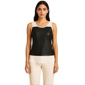 Caché Women’s Black Faux Leather Sheer Hem Sleeveless Tank Layered Top Size XS N